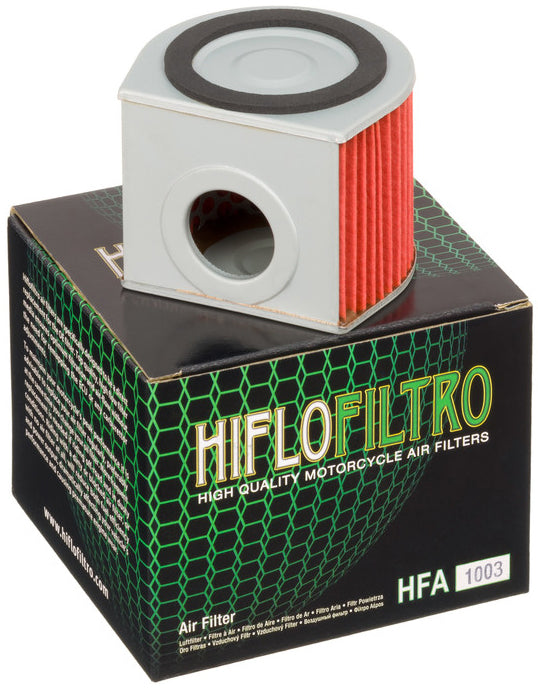 Hiflofiltro HFA1003 air filter for high-performance engines, showing the clean, cylindrical filter element with brand markings.