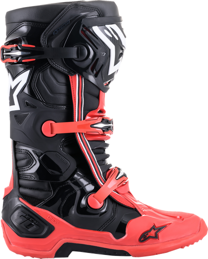 Alpinestars Tech 10 Acumen motorcycle boots in black and red, US size 12, showing the rugged design and protective features.