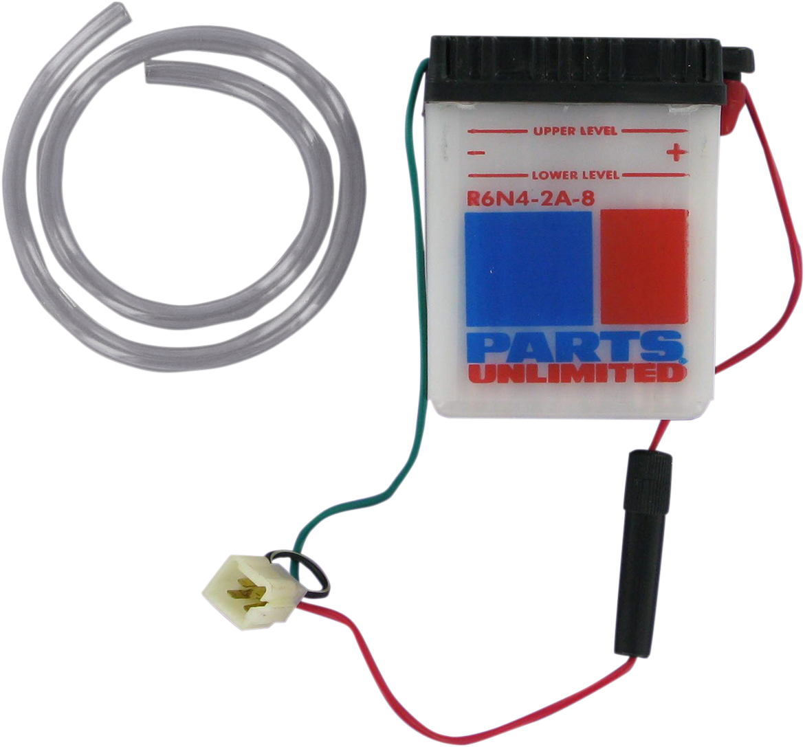 Parts Unlimited 6N42A8 conventional vehicle battery providing reliable power with visible terminals and sturdy casing