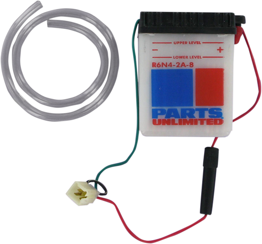 Parts Unlimited 6N42A8 conventional vehicle battery providing reliable power with visible terminals and sturdy casing