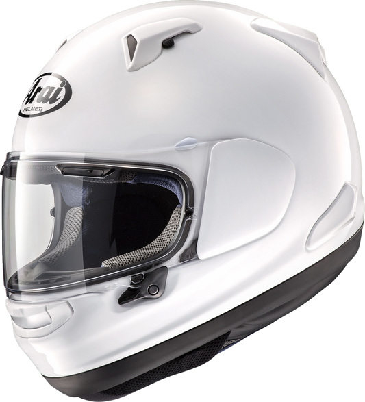 Arai Signet-X Diamond White motorcycle helmet in medium size with sleek design and clear visor, featuring Arai Helmets branding.