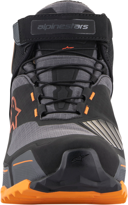 Alpinestars CR-X Drystar® motorcycle shoes in black, brown, and orange, US size 9, featuring protective design and durable materials.