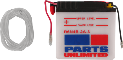 Parts Unlimited conventional motorcycle battery model 6N4B-2A-3 with terminals and label, providing reliable power for motorcycles.