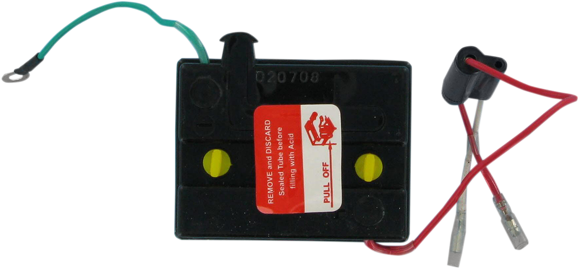 Parts Unlimited 6N5.5-1D conventional motorcycle battery showing terminals and durable casing for reliable power.