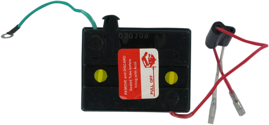 Parts Unlimited 6N5.5-1D conventional motorcycle battery showing terminals and durable casing for reliable power.