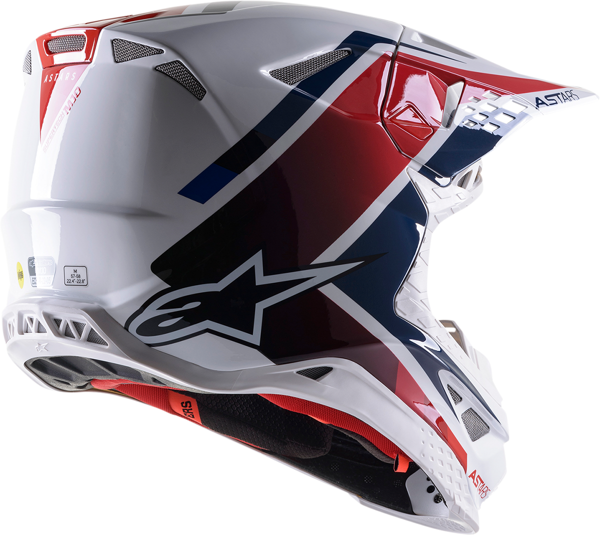 Alpinestars Supertech M10 helmet in white, red, and blue with MIPS® protection, size 2XL, featuring sleek helmet design.