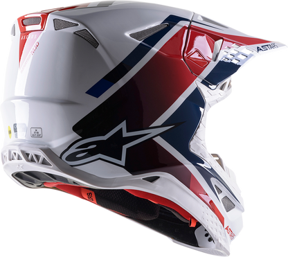 Alpinestars Supertech M10 helmet in white, red, and blue with MIPS® protection, size 2XL, featuring sleek helmet design.