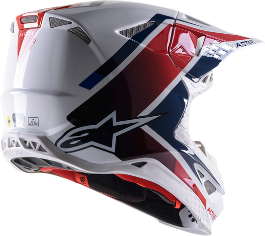 Alpinestars Supertech M10 helmet in white, red, and blue with MIPS® protection, size 2XL, featuring sleek helmet design.