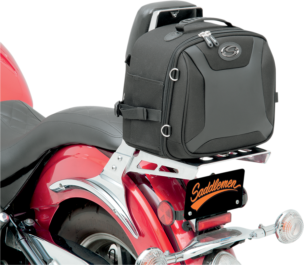 Bill's Exhausts SADDLEMEN FTB1000 Sport Sissy Bar Bag attached to motorcycle seat, showcasing durable black storage with zippers.