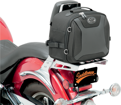 Bill's Exhausts SADDLEMEN FTB1000 Sport Sissy Bar Bag attached to motorcycle seat, showcasing durable black storage with zippers.