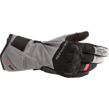Alpinestars W-7 V2 Drystar gloves in black and dark gray, large size, featuring protective knuckles and textured palm for motorcycle riding.