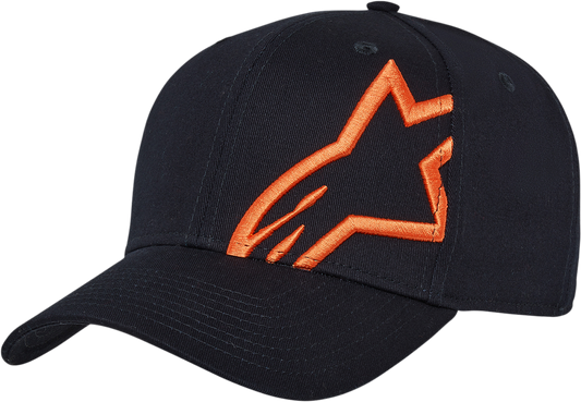 Alpinestars Corp Snap 2 hat in navy and orange with adjustable snapback, featuring branding and stylish design.