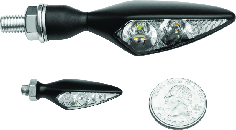 Kuryakyn Rhombus S front left amber turn signal with clear lens for motorcycle, showcasing the sleek, angular design.