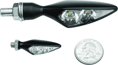 Kuryakyn Rhombus S front left amber turn signal with clear lens for motorcycle, showcasing the sleek, angular design.