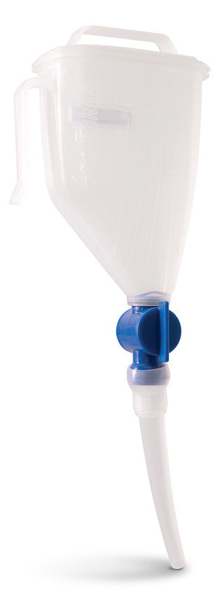 Motion Pro Pro Funnel with shutoff valve and 34 oz capacity, showing the funnel's integrated valve and clear plastic design.