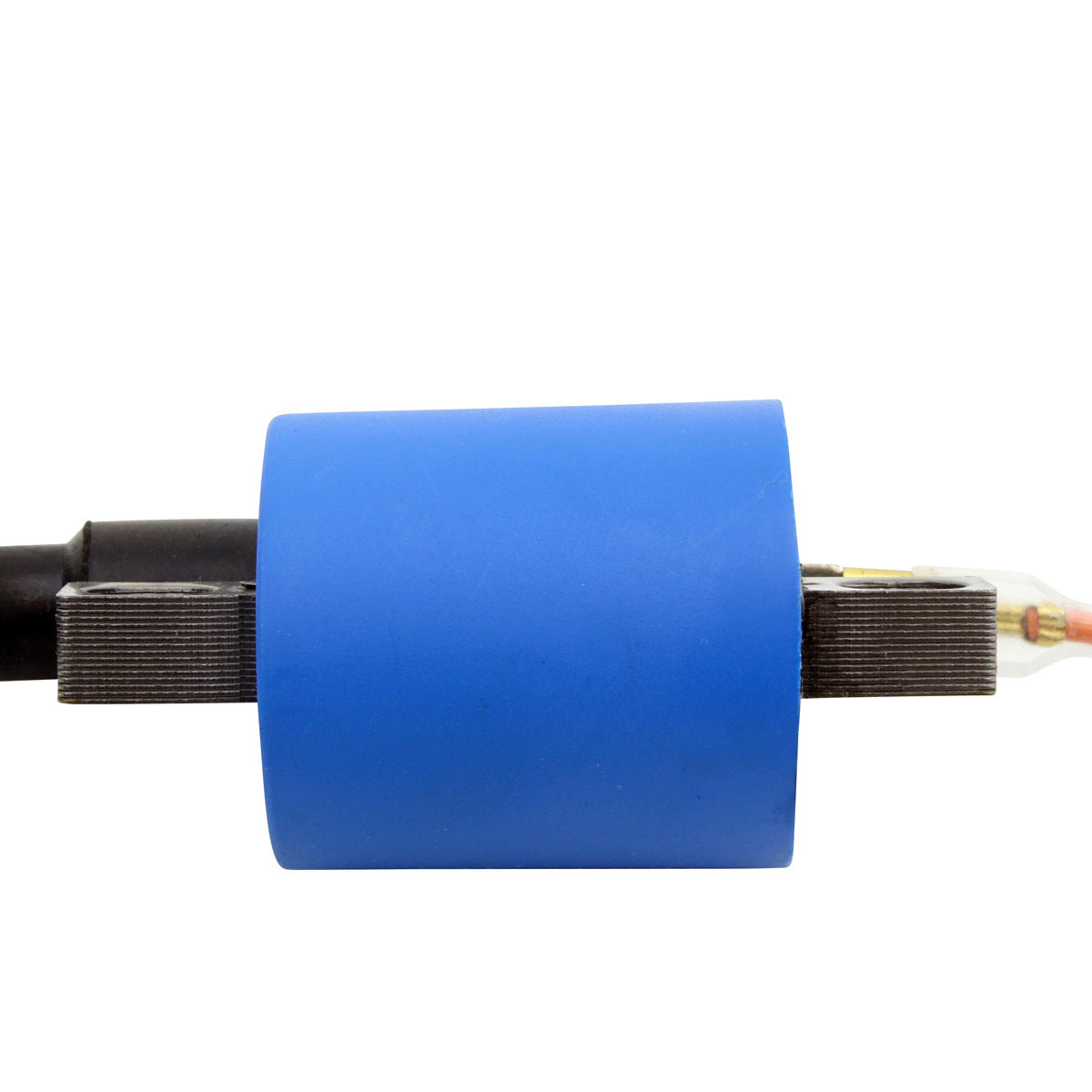 RM STATOR external ignition coil with spark plug cap, used in motorcycle ignition systems, shown in the image.