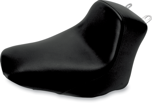 Black SADDLEMEN Heels Down Solo Seat for FLSTC, plain design, without backrest, designed for Harley-Davidson motorcycles.