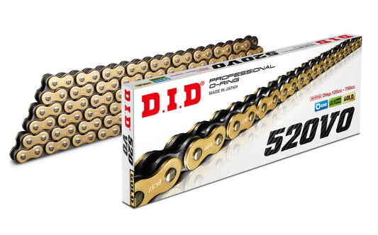 Warp9Racing DID VO Drive 520 chain with gold finish, featuring durable metal links for motorcycle chain drive system.