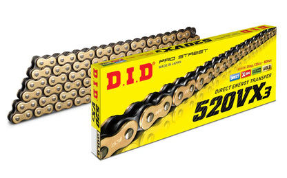 Warp9Racing DID VX3 520 motorcycle chain with gold and black finish, showcasing durable metal links for high-performance riding.