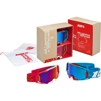 Bill's Exhausts 100% ARmatic Jett Lawrence limited edition goggles, two-pack, featuring clear lenses and black frames.