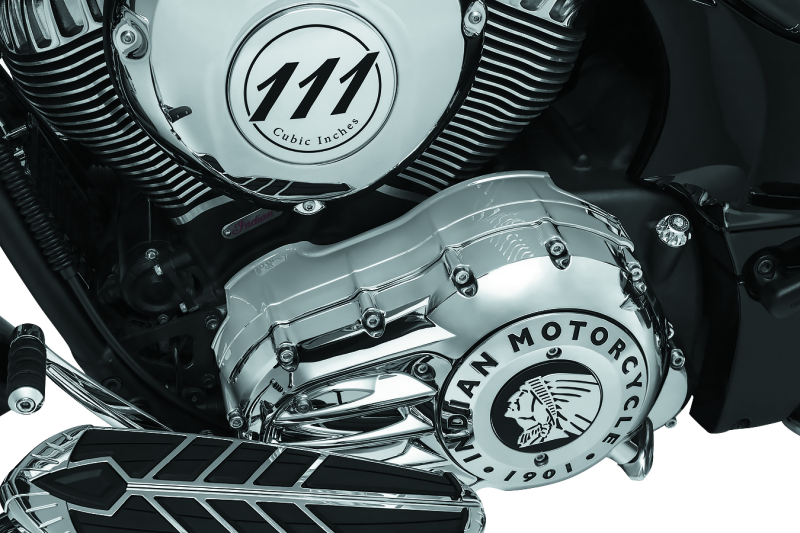 Chrome Kuryakyn Inner Primary Cover for 2014-2017 Indian motorcycle models, showcasing a polished, reflective finish.