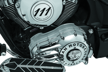Chrome Kuryakyn Inner Primary Cover for 2014-2017 Indian motorcycle models, showcasing a polished, reflective finish.
