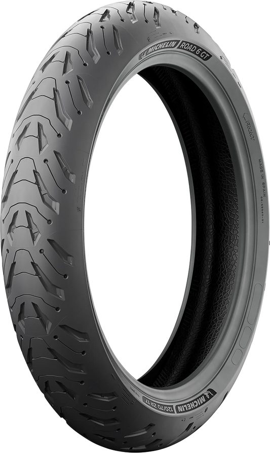 Michelin Road 6 GT front motorcycle tire with 120/70ZR17 size and 58W load rating, featuring tread pattern and sidewall details.