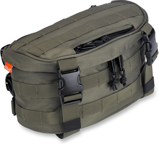BILTWELL Exfil-7 motorcycle bag in green with adjustable straps and rugged design, suitable for motorcycle touring and storage.