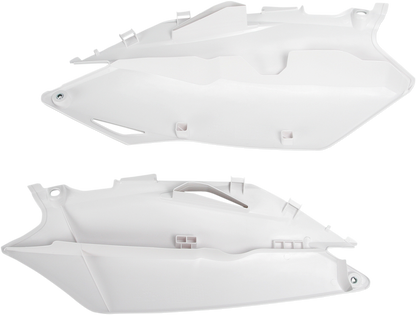 White Acerbis side panels for motorcycle body, designed for easy installation and a sleek look.