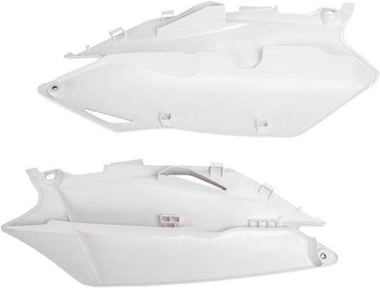 White Acerbis side panels for motorcycle body, designed for easy installation and a sleek look.
