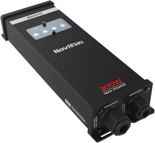 Bill's Exhausts NAVATLAS 75-Watt engine amplifier BMA475, showcasing the compact black engine component with mounting brackets.