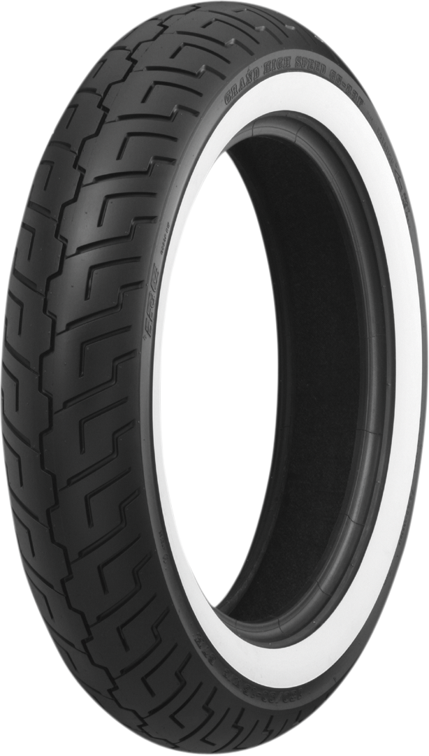 IRC GS-23 front motorcycle tire with 130/90-16 wide whitewall and 67H speed rating, shown on a motorcycle wheel.