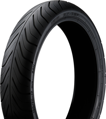 IRC RX-02 front motorcycle tire 120/70-17 58H with enhanced handling and grip, shown mounted on a motorcycle wheel.