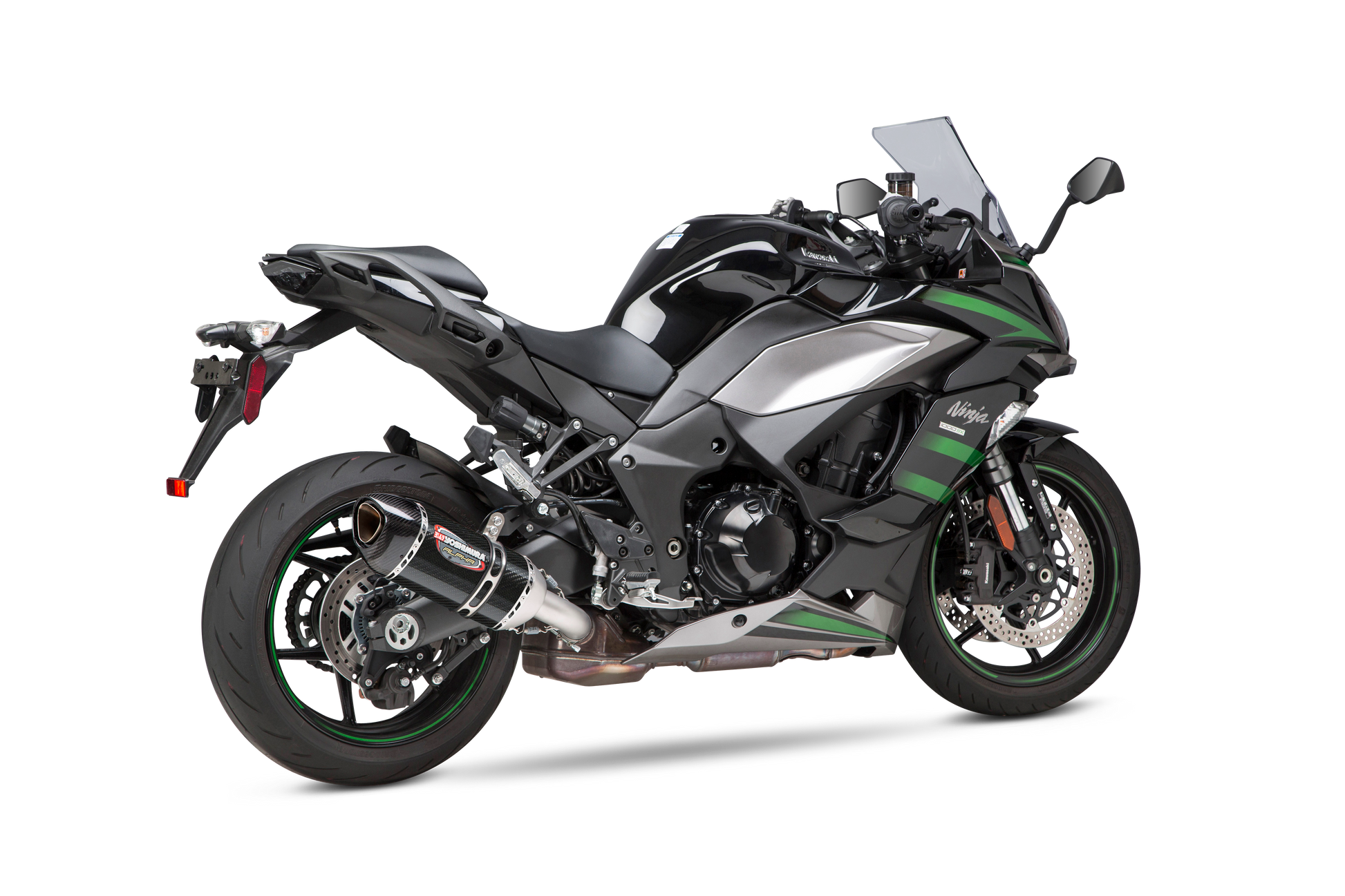 YOSHIMURA RS-12 ADV Street Alpha slip-on exhaust for Kawasaki with matte carbon fiber end cap, showcasing sleek motorcycle exhaust design.