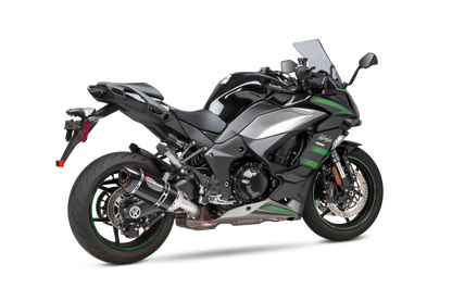 YOSHIMURA RS-12 ADV Street Alpha slip-on exhaust for Kawasaki with matte carbon fiber end cap, showcasing sleek motorcycle exhaust design.