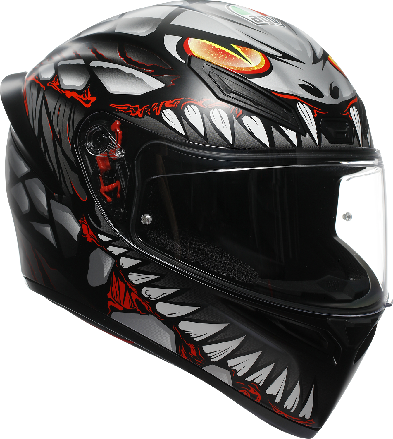AGV K1 S helmet in Lyzard matte black, gray, and red with a sleek aerodynamic design, large size, and ventilation features.