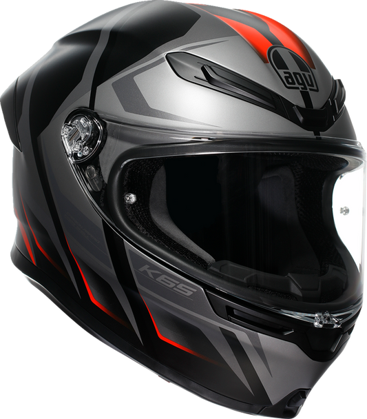 AGV K6 S racing helmet in matte black, gray, and red with lightweight design, advanced ventilation, and safety features, size XL.