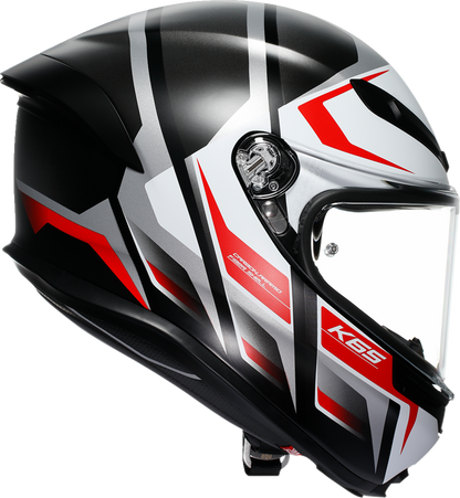 AGV K6 S motorcycle helmet in matte black, white, and red, size 2XL, featuring aerodynamic design and advanced safety features.