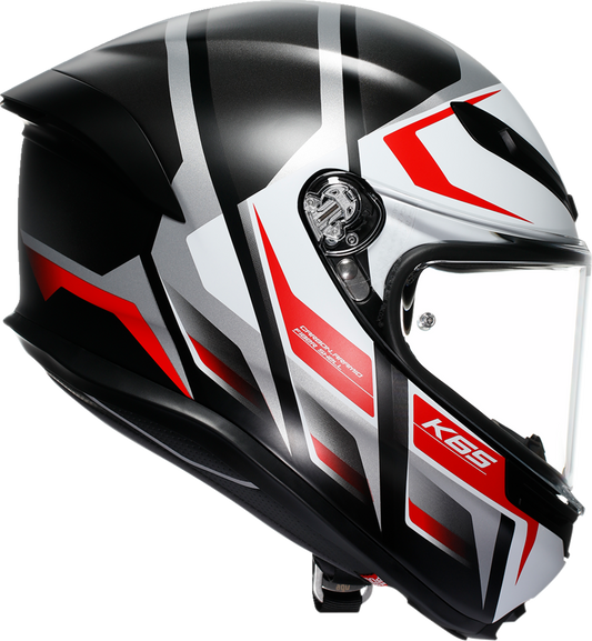 AGV K6 S motorcycle helmet in matte black, white, and red, size 2XL, featuring aerodynamic design and advanced safety features.