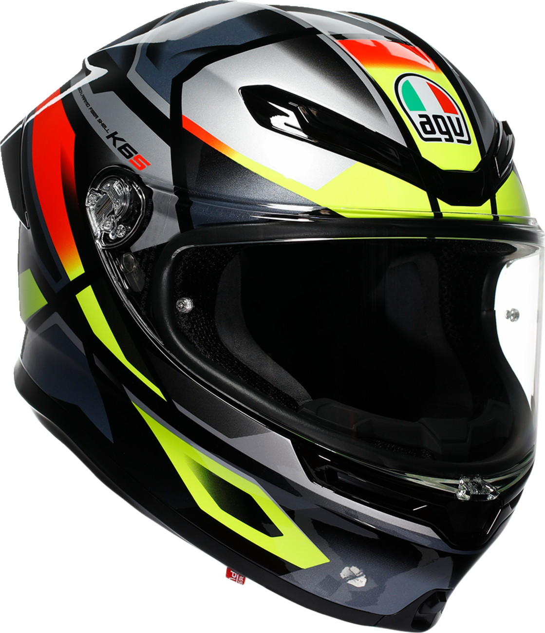 Black, red, and yellow fluorescent AGV K6 S Erazer motorcycle helmet in large size, showcasing its aerodynamic design and ventilation.