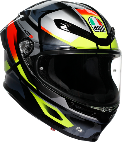 Black, red, and yellow fluorescent AGV K6 S Erazer motorcycle helmet in large size, showcasing its aerodynamic design and ventilation.