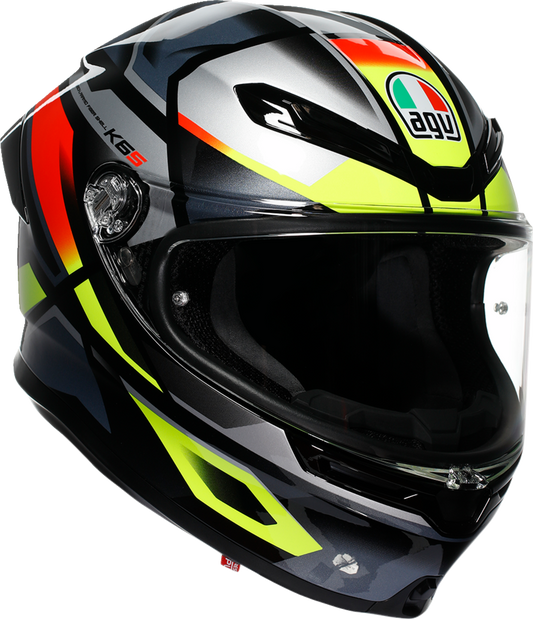Black, red, and yellow fluorescent AGV K6 S Erazer motorcycle helmet in large size, showcasing its aerodynamic design and ventilation.