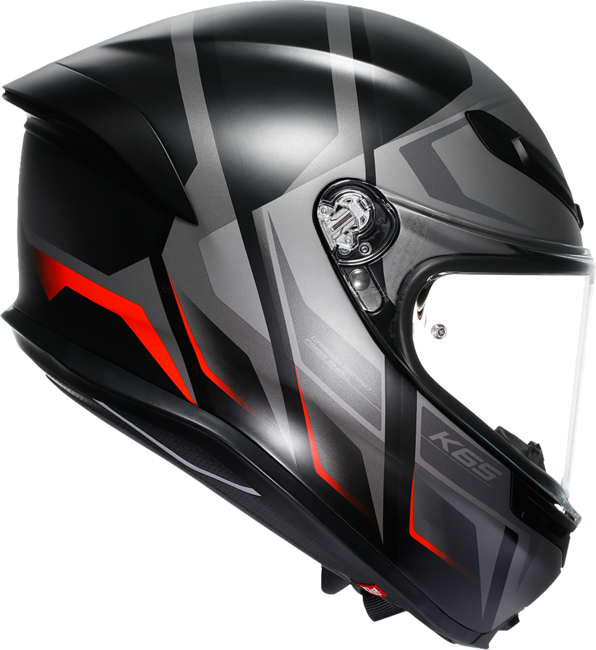 AGV K6 S racing helmet in matte black, gray, and red with aerodynamic design and lightweight construction for motorcycle riding.