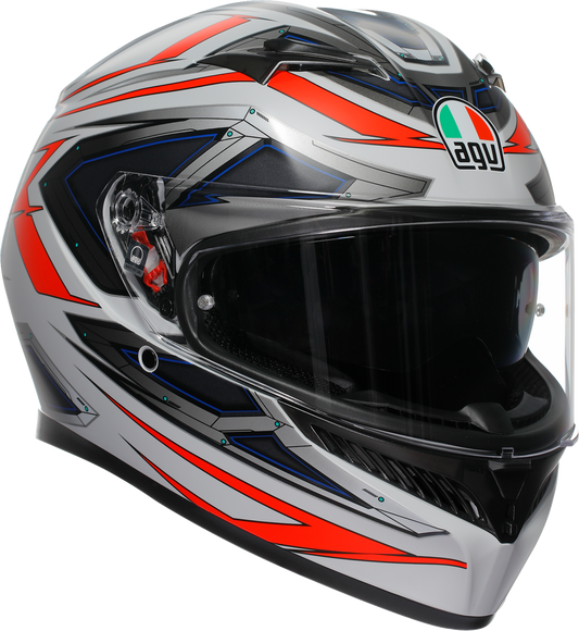 AGV K3 motorcycle helmet in space matte white with red fluo accents, showcasing aerodynamic design and secure fit.