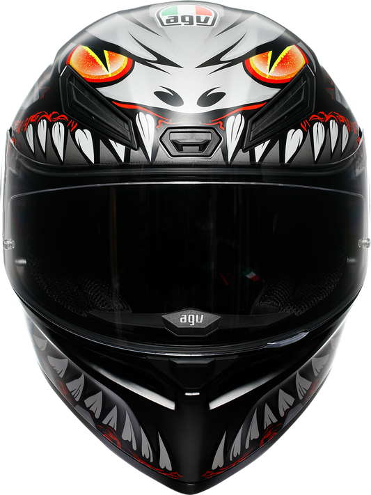 AGV K1 S Lyzard matte black, gray, and red motorcycle helmet, XL size, with aerodynamic design and secure chin strap.
