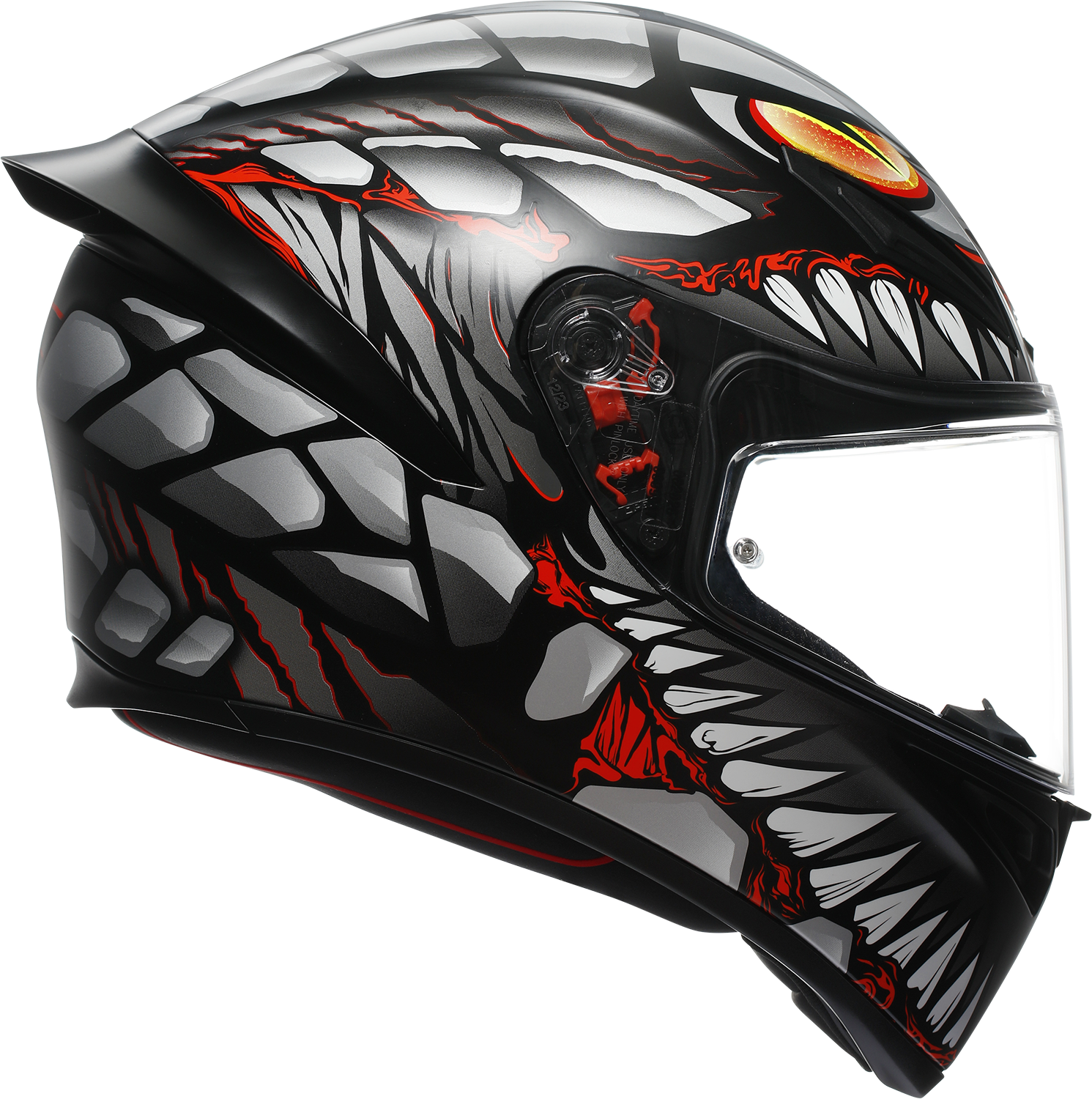 AGV K1 S helmet in matte black, gray, and red with large size, featuring aerodynamic design and ventilation openings.