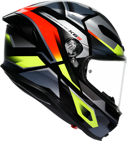 AGV K6 S helmet in black, red, and yellow fluo with XL size, featuring aerodynamic design and ventilation for motorcycle riding.