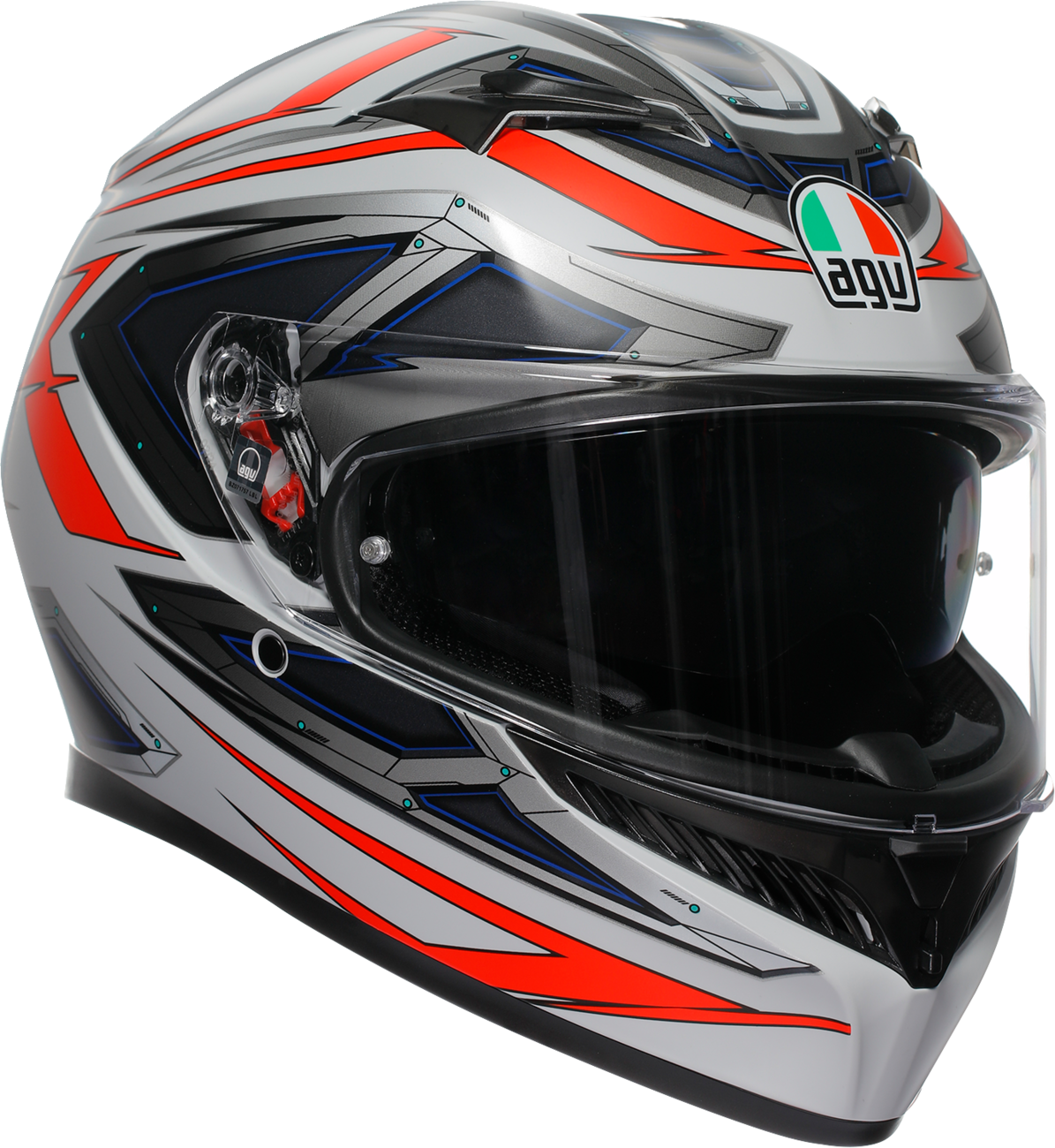 AGV K3 helmet in matte white and red fluo with MaxVision lens, small size, high-performance motorcycle helmet for safety and visibility.