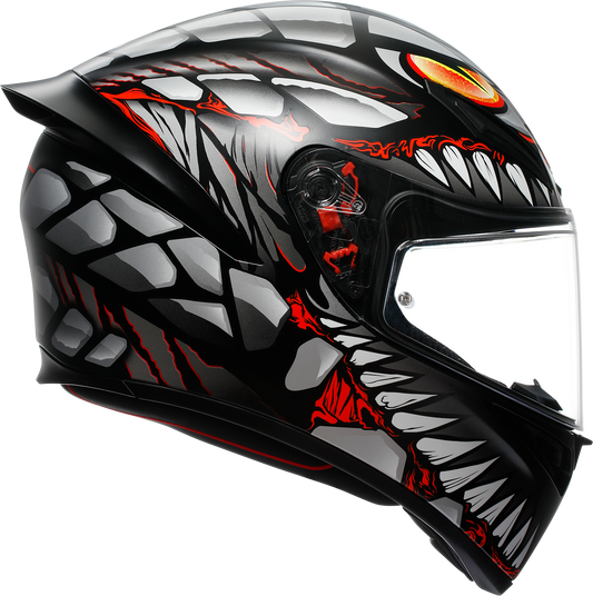 AGV K1 S Lyzard matte black, gray, and red motorcycle helmet in small size, featuring aerodynamic design and secure chin strap.
