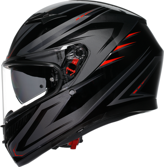 AGV K3 helmet in synthetic black and red with Pinlock lens and advanced ventilation system, large size, shown from front view.